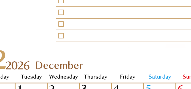 2026年12月カレンダーは縦型月曜始まりでToDoリストもあるのでスケジュール計画がしやすい：無料(2026-01461211)
