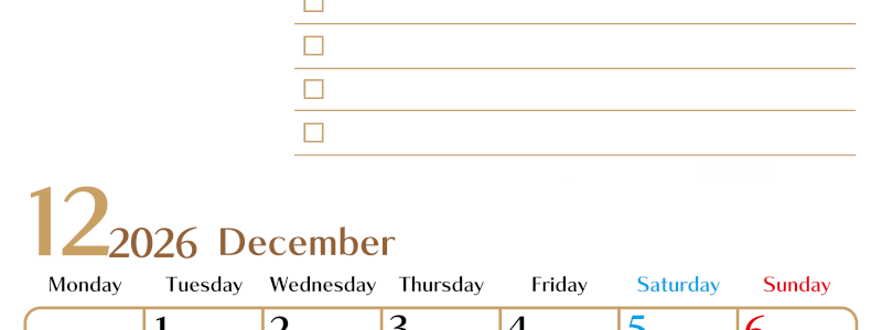2026年12月カレンダーは縦型月曜始まりでToDoリストもあるのでスケジュール計画がしやすい：無料(2026-01461211)