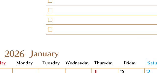 2026年1月カレンダーは縦型日曜始まりでToDoリストもあるのでスケジュール計画がしやすい：無料(2026-01460110)