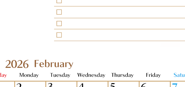 2026年2月カレンダーは縦型日曜始まりでToDoリストもあるのでスケジュール計画がしやすい：無料(2026-01460210)