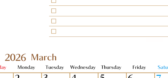 2026年3月カレンダーは縦型日曜始まりでToDoリストもあるのでスケジュール計画がしやすい：無料(2026-01460310)