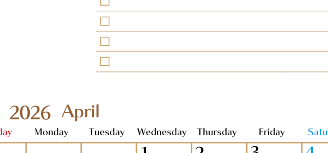 2026年4月カレンダーは縦型日曜始まりでToDoリストもあるのでスケジュール計画がしやすい：無料(2026-01460410)
