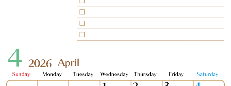 2026年4月カレンダーは縦型日曜始まりでToDoリストもあるのでスケジュール計画がしやすい：無料(2026-01460410)