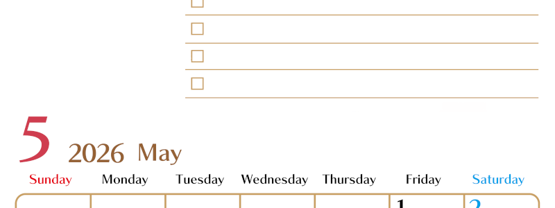 2026年5月カレンダーは縦型日曜始まりでToDoリストもあるのでスケジュール計画がしやすい：無料(2026-01460510)
