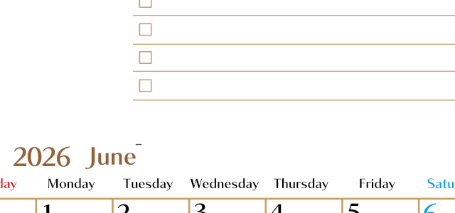 2026年6月カレンダーは縦型日曜始まりでToDoリストもあるのでスケジュール計画がしやすい：無料(2026-01460610)