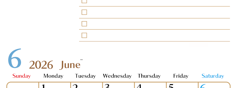 2026年6月カレンダーは縦型日曜始まりでToDoリストもあるのでスケジュール計画がしやすい：無料(2026-01460610)