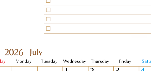 2026年7月カレンダーは縦型日曜始まり でベージュの花がおしゃれ：無料(2026-01460710)