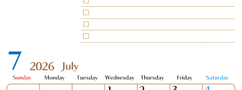 2026年7月カレンダーは縦型日曜始まり でベージュの花がおしゃれ：無料(2026-01460710)