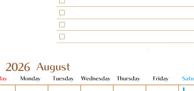 2026年8月カレンダーは縦型日曜始まりでToDoリストもあるのでスケジュール計画がしやすい：無料(2026-01460810)