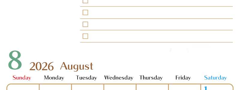 2026年8月カレンダーは縦型日曜始まりでToDoリストもあるのでスケジュール計画がしやすい：無料(2026-01460810)