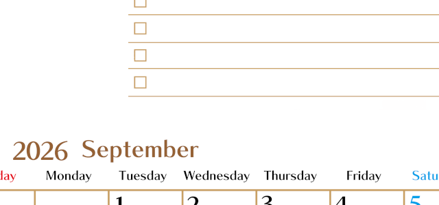 2026年9月カレンダーは縦型日曜始まりでToDoリストもあるのでスケジュール計画がしやすい：無料(2026-01460910)
