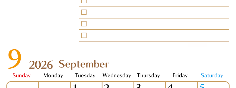 2026年9月カレンダーは縦型日曜始まりでToDoリストもあるのでスケジュール計画がしやすい：無料(2026-01460910)