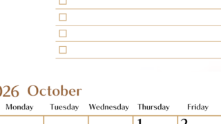 2026年10月カレンダーは縦型日曜始まりでToDoリストもあるのでスケジュール計画がしやすい：無料(2026-01461010)