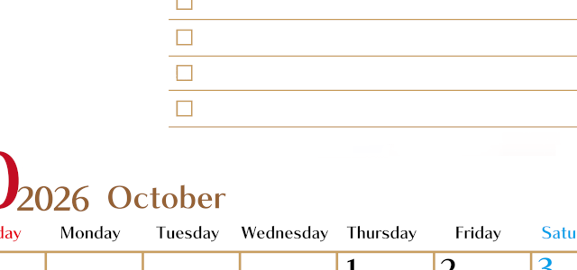 2026年10月カレンダーは縦型日曜始まりでToDoリストもあるのでスケジュール計画がしやすい：無料(2026-01461010)
