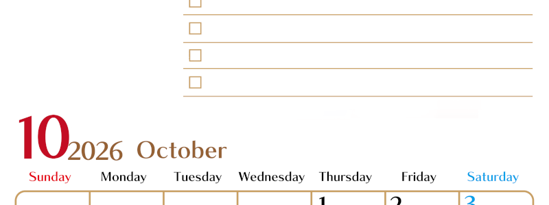 2026年10月カレンダーは縦型日曜始まりでToDoリストもあるのでスケジュール計画がしやすい：無料(2026-01461010)