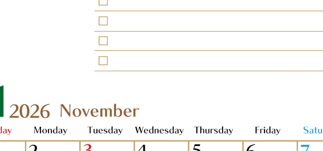 2026年11月カレンダーは縦型日曜始まりでToDoリストもあるのでスケジュール計画がしやすい：無料(2026-01461110)