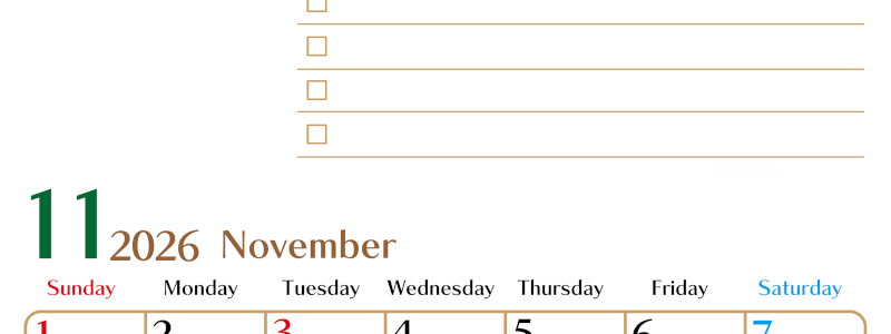 2026年11月カレンダーは縦型日曜始まりでToDoリストもあるのでスケジュール計画がしやすい：無料(2026-01461110)
