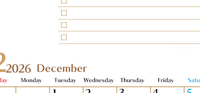 2026年12月カレンダーは縦型日曜始まりでToDoリストもあるのでスケジュール計画がしやすい：無料(2026-01461210)
