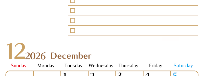 2026年12月カレンダーは縦型日曜始まりでToDoリストもあるのでスケジュール計画がしやすい：無料(2026-01461210)