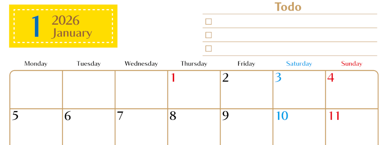 2026年1月カレンダーは横型月曜始まりでToDoリストもあるのでスケジュール計画がしやすい：無料(2026-01460101)