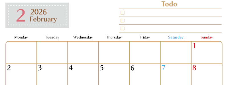 2026年2月カレンダーは横型月曜始まりでToDoリストもあるのでスケジュール計画がしやすい：無料(2026-01460201)