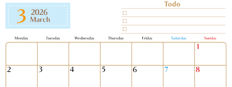 2026年3月カレンダーは横型月曜始まりでToDoリストもあるのでスケジュール計画がしやすい：無料(2026-01460301)