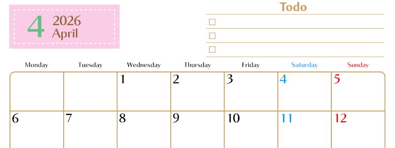 2026年4月カレンダーは横型月曜始まりでToDoリストもあるのでスケジュール計画がしやすい：無料(2026-01460401)