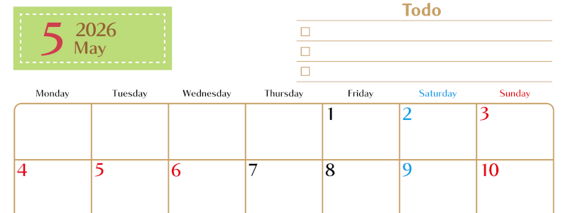 2026年5月カレンダーは横型月曜始まりでToDoリストもあるのでスケジュール計画がしやすい：無料(2026-01460501)