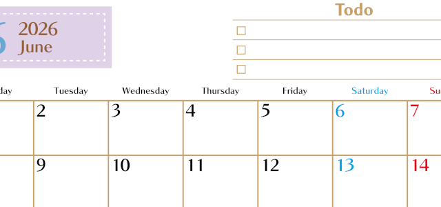2026年6月カレンダーは横型月曜始まりでToDoリストもあるのでスケジュール計画がしやすい：無料(2026-01460601)