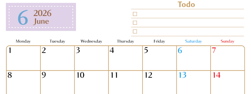 2026年6月カレンダーは横型月曜始まりでToDoリストもあるのでスケジュール計画がしやすい：無料(2026-01460601)