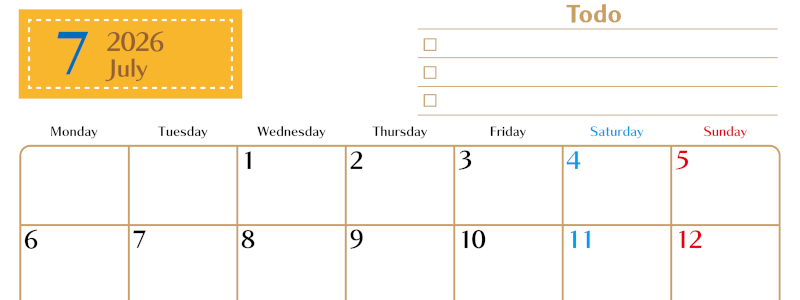 2026年7月カレンダーは横型月曜始まり でベージュの花がおしゃれ：無料(2026-01460701)