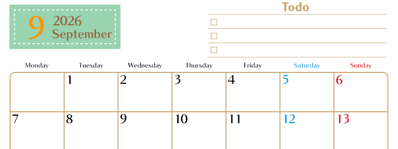 2026年9月カレンダーは横型月曜始まりでToDoリストもあるのでスケジュール計画がしやすい：無料(2026-01460901)