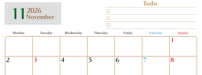 2026年11月カレンダーは横型月曜始まりでToDoリストもあるのでスケジュール計画がしやすい：無料(2026-01461101)