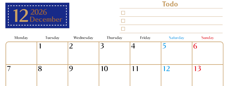 2026年12月カレンダーは横型月曜始まりでToDoリストもあるのでスケジュール計画がしやすい：無料(2026-01461201)