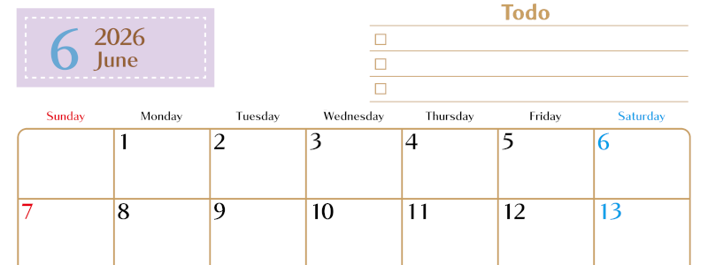 2026年6月カレンダーは横型日曜始まりでToDoリストもあるのでスケジュール計画がしやすい：無料(2026-01460600)