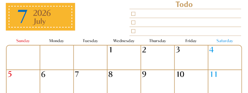 2026年7月カレンダーは横型日曜始まりでToDoリストもあるのでスケジュール計画がしやすい：無料(2026-01460700)