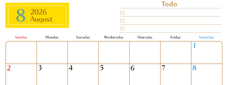 2026年8月カレンダーは横型日曜始まりでToDoリストもあるのでスケジュール計画がしやすい：無料(2026-01460800)