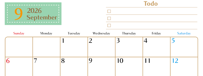 2026年9月カレンダーは横型日曜始まりでToDoリストもあるのでスケジュール計画がしやすい：無料(2026-01460900)