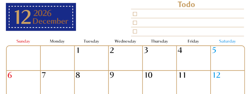 2026年12月カレンダーは横型日曜始まりでToDoリストもあるのでスケジュール計画がしやすい：無料(2026-01461200)