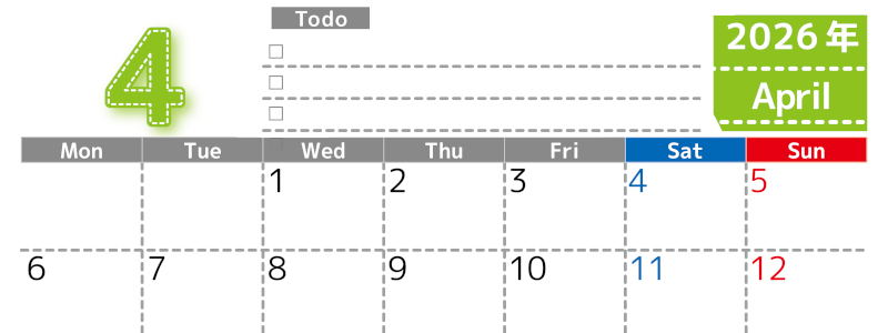 2026年4月カレンダーは横型月曜始まり♪使い方がシンプルなToDoリストも♪ダウンロード無料(2026-01470401)
