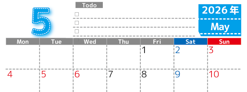 2026年5月カレンダーは横型月曜始まり♪使い方がシンプルなToDoリストも♪ダウンロード無料(2026-01470501)