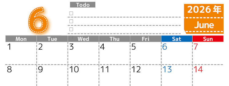2026年6月カレンダーは横型月曜始まり♪使い方がシンプルなToDoリストも♪ダウンロード無料(2026-01470601)