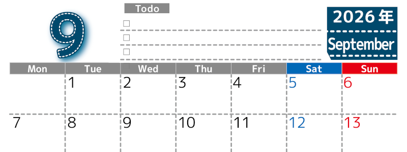 2026年9月カレンダーは横型月曜始まり♪使い方がシンプルなToDoリストも♪ダウンロード無料(2026-01470901)