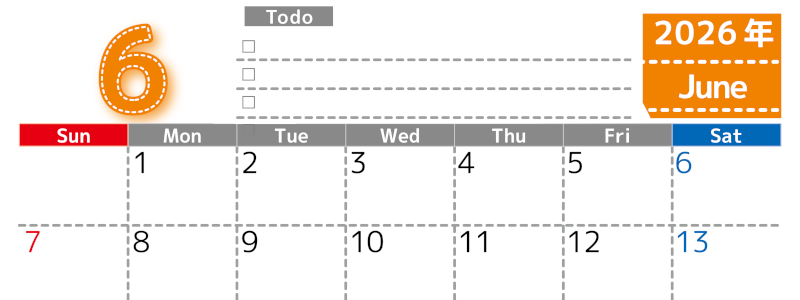 2026年6月カレンダーは横型日曜始まり♪使い方がシンプルなToDoリストも♪ダウンロード無料(2026-01470600)