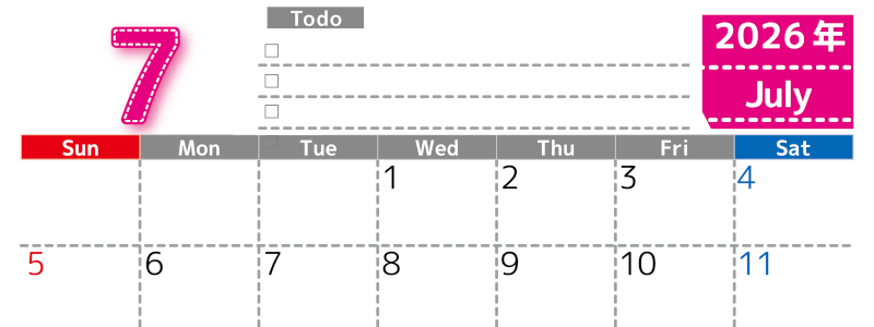 2026年7月カレンダーは横型日曜始まり♪使い方がシンプルなToDoリストも♪ダウンロード無料(2026-01470700)