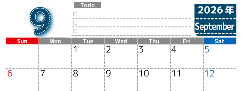 2026年9月カレンダーは横型日曜始まり♪使い方がシンプルなToDoリストも♪ダウンロード無料(2026-01470900)