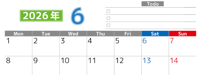 2026年6月カレンダーは横型月曜始まりで使いやすい！ToDoリストに色々書き込んでモチベ維持：無料(2026-01480601)