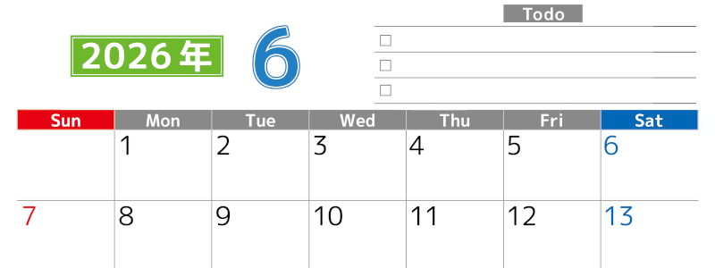 2026年6月カレンダーは横型日曜始まりで使いやすい！ToDoリストに色々書き込んでモチベ維持：無料(2026-01480600)