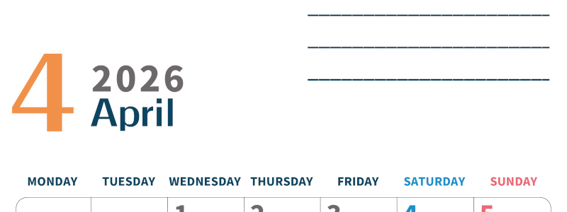 2026年4月カレンダーは縦型月曜始まりで目標設定もできる無料ダウンロード素材！(2026-01510411)