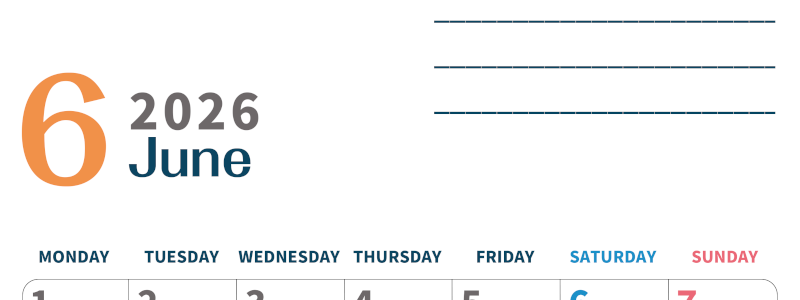 2026年6月カレンダーは縦型月曜始まりで目標設定もできる無料ダウンロード素材！(2026-01510611)
